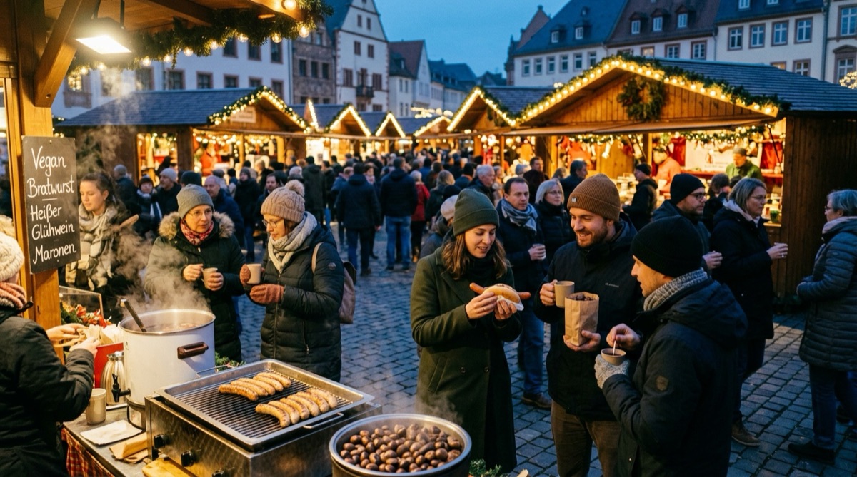Vegan Christmas market at dusk with wooden huts, mulled wine and roasted chestnuts
