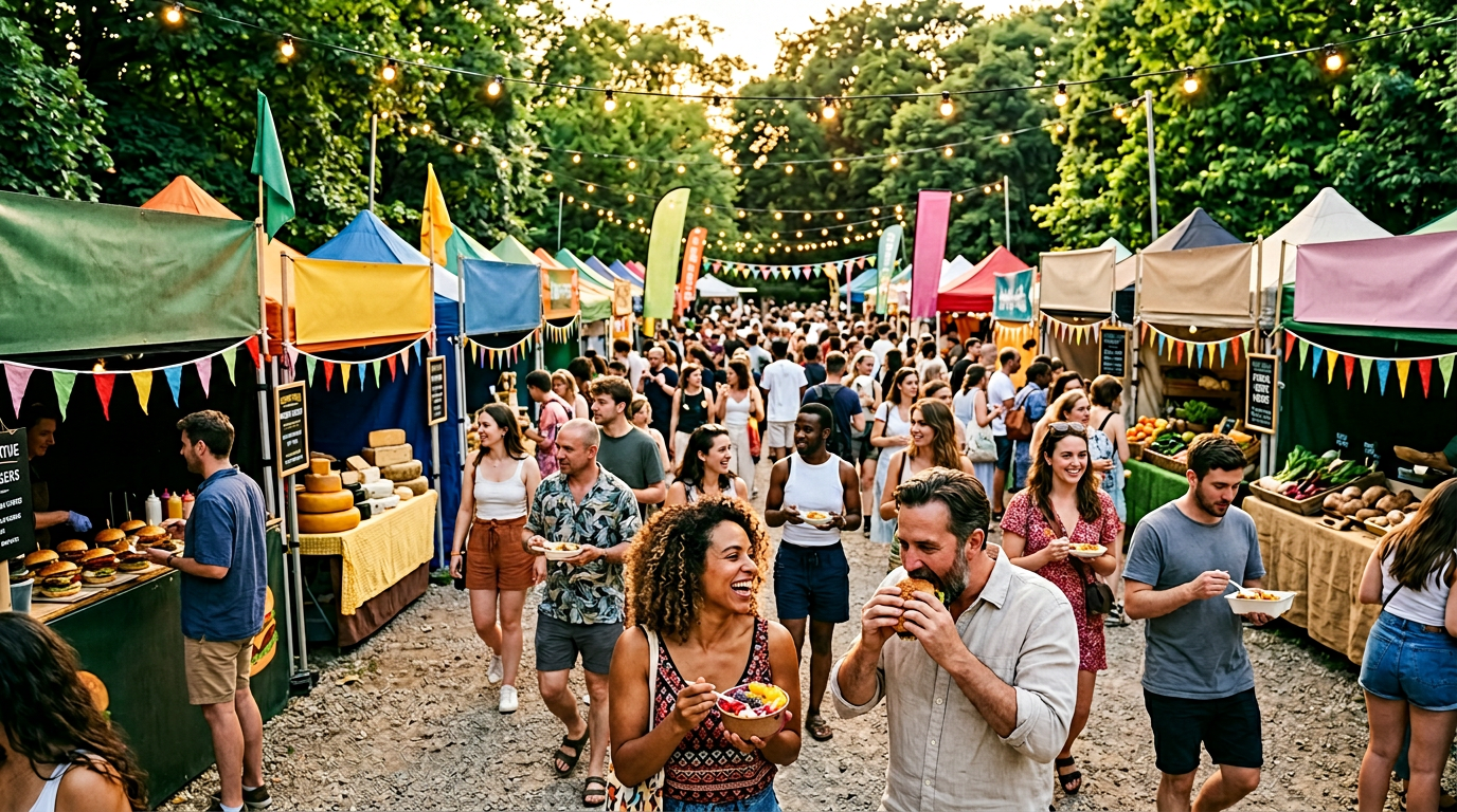 Vegan food festival scene with market stalls and diverse visitors